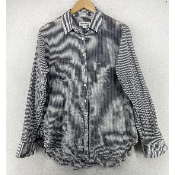 DUCK AND WEAVE CO Top Womens L Cotton Tencel Striped Tunic Shirt Button Up Gray - Picture 1 of 11